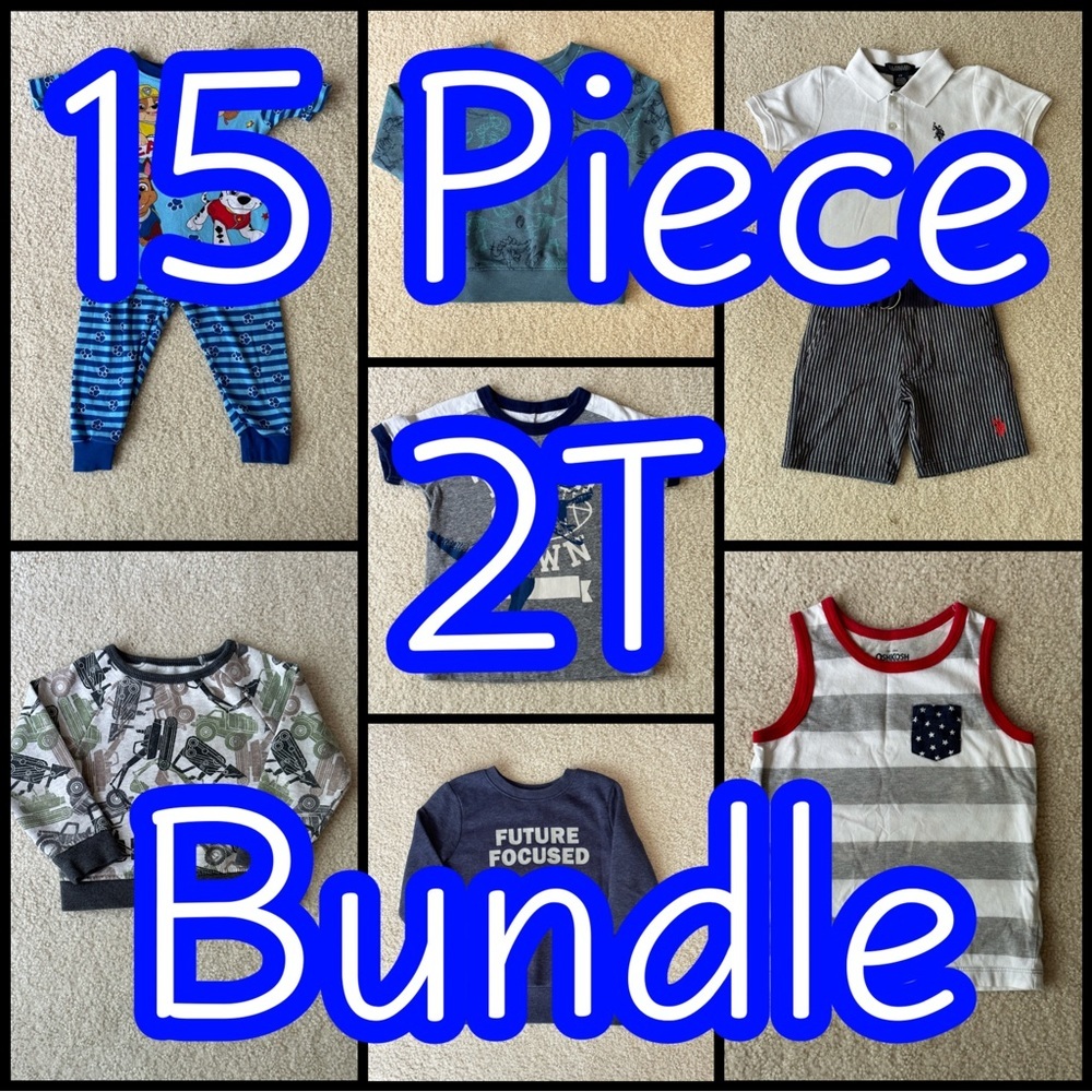 15 Piece Toddler Boy Size 2T Cat & Jack Oshkosh Polo Outfit Variety Bundle